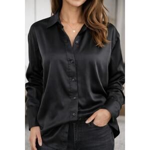 Womens Worthington Satin Button Down Shirt Black New With Tags